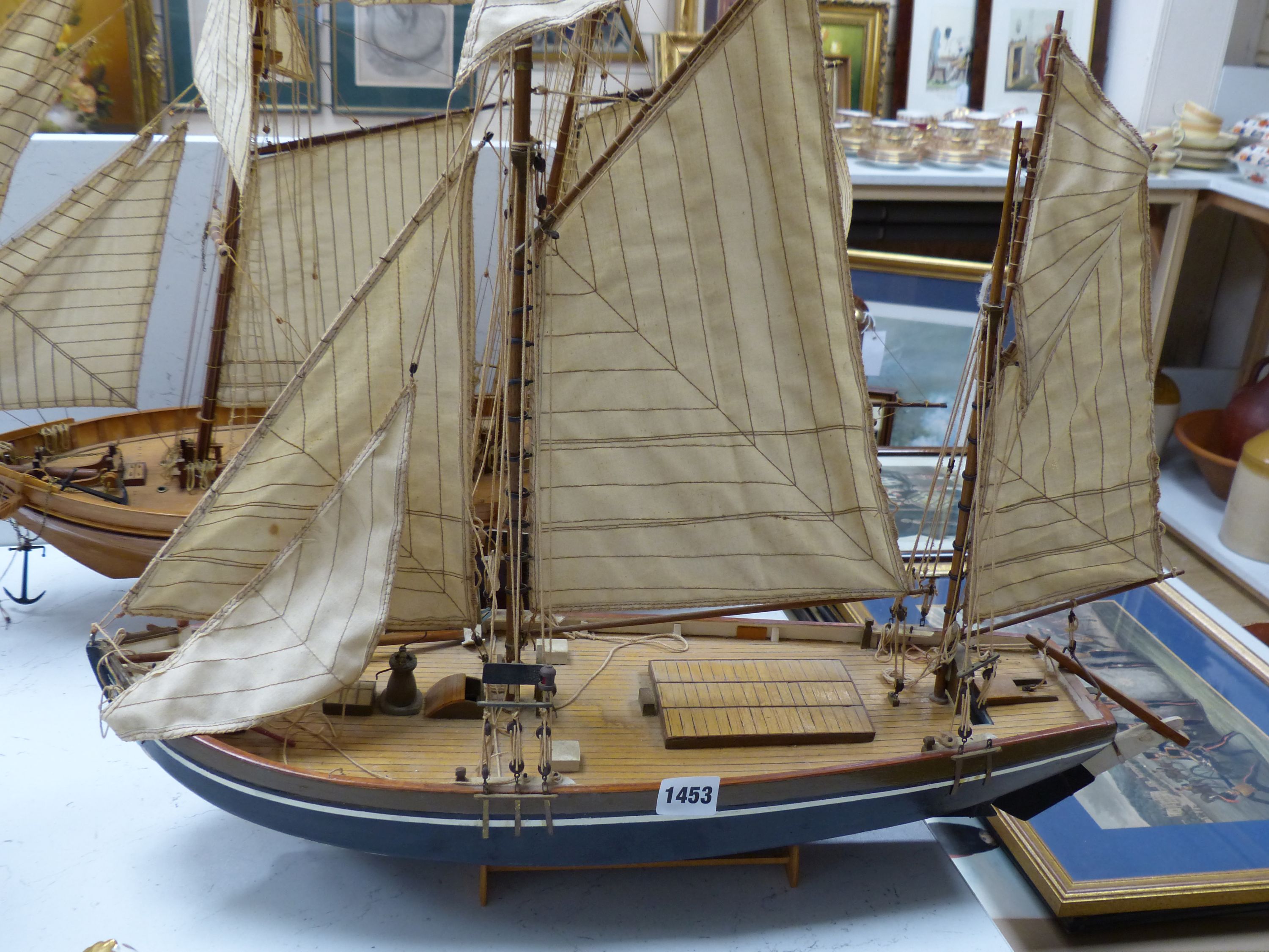 Two scratch built model boats, a clipper and a barge, larger 90 cm